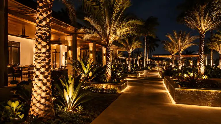 Warm commercial landscape and pathway lighting around a hospitality property at night