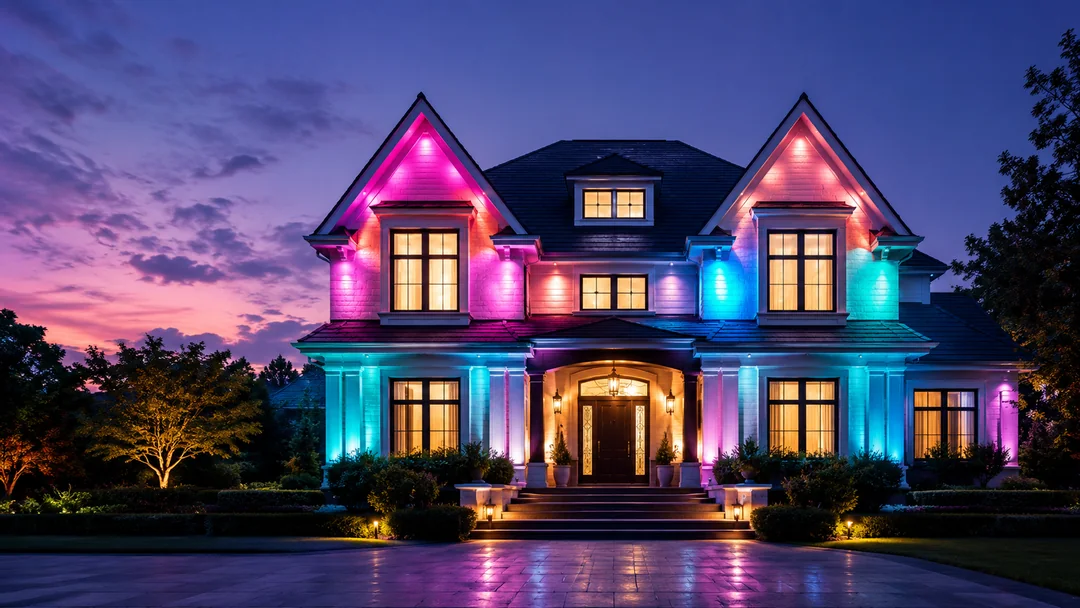Color-changing permanent exterior LED lighting on a Saratoga Springs home at dusk