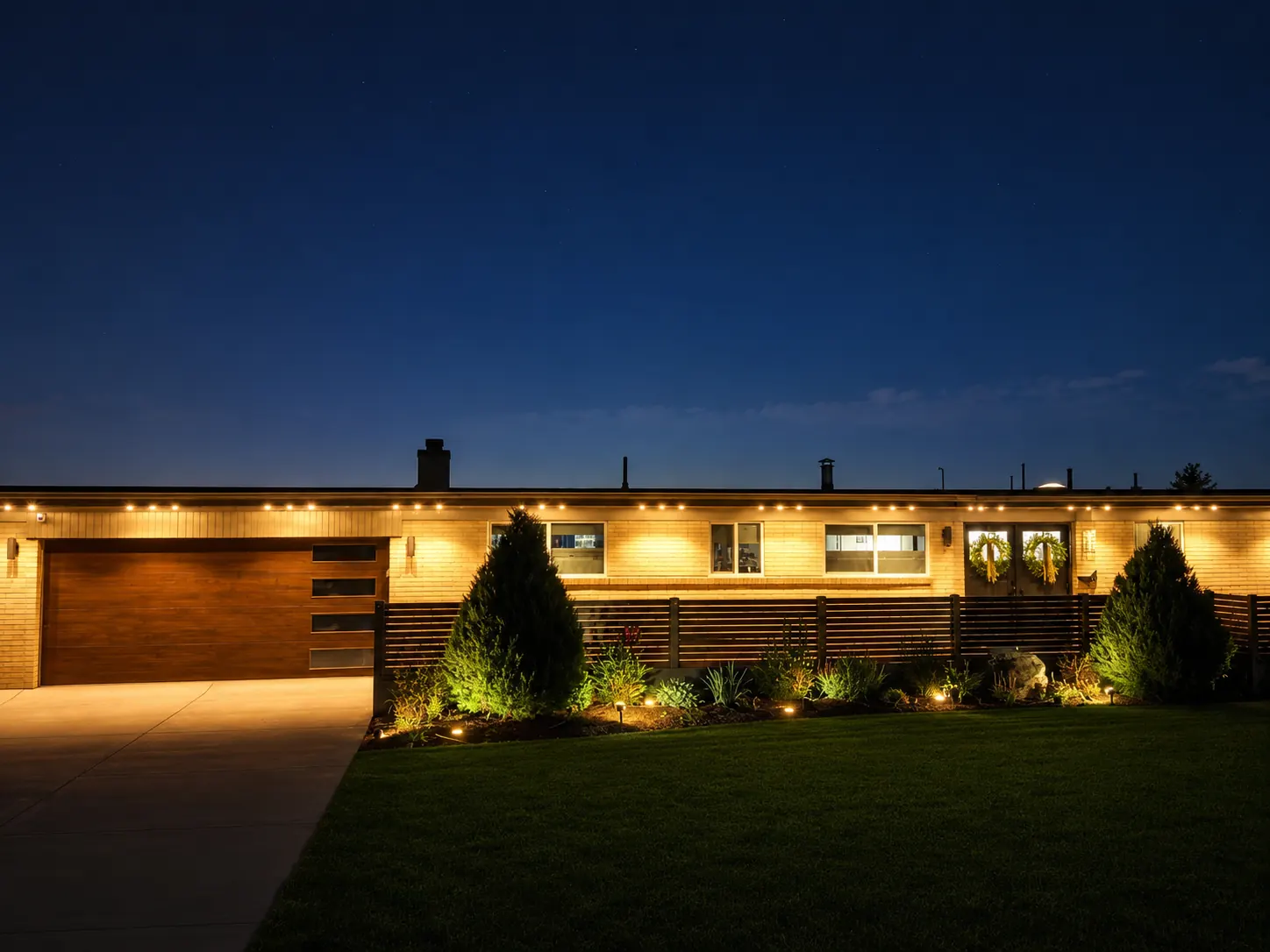 Warm-white roofline and landscape lighting on a home at night
