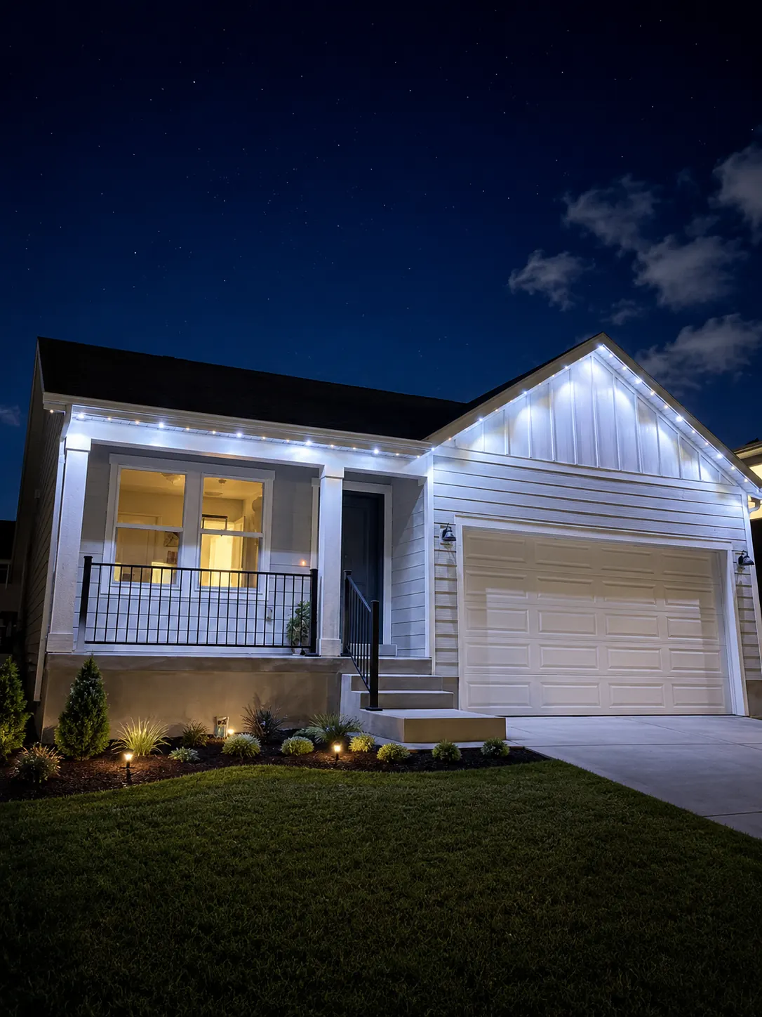Warm white permanent roofline lighting on a residential home at night